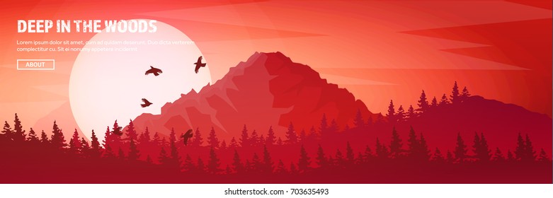 Mountains and forest header. Wild nature landscape. Travel and adventure.Panorama. Into the woods. Horizon line.Trees,fogfog.