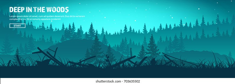 Mountains and forest header. Wild nature landscape. Travel and adventure.Panorama. Into the woods. Horizon line.Trees,fogfog.