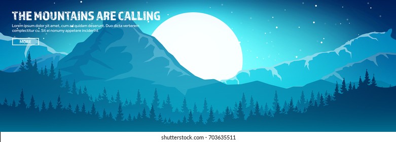 Mountains and forest header. Wild nature landscape. Travel and adventure.Panorama. Into the woods. Horizon line.Trees,fogfog.