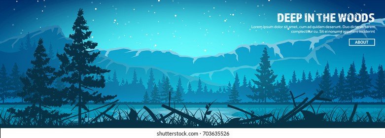 Mountains and forest header. Wild nature landscape. Travel and adventure.Panorama. Into the woods. Horizon line.Trees,fogfog.