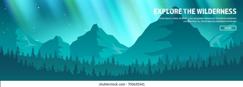 Mountains and forest header. Wild nature landscape. Travel and adventure.Panorama. Into the woods. Horizon line.Trees,fogfog.