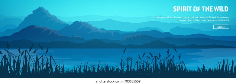 Mountains and forest header. Wild nature landscape. Travel and adventure.Panorama. Into the woods. Horizon line.Trees,fogfog.