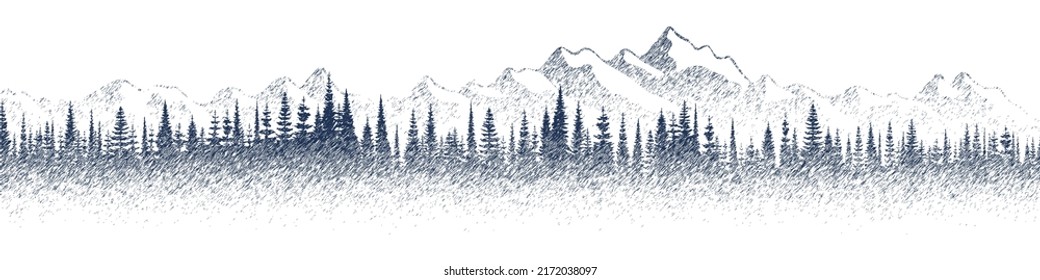 Mountains and forest, imitation of a pencil drawing, vector sketch, banner 