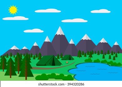 Mountains with forest and lake landscape flat vector illustration, for camping and hiking, Extreme sports, outdoor adventure, with recreation place, tents and fire.