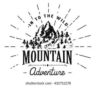 Mountains with forest and lake landscape flat vector illustration, for camping and hiking, Extreme sports, outdoor adventure, with recreation place, tents and fire.