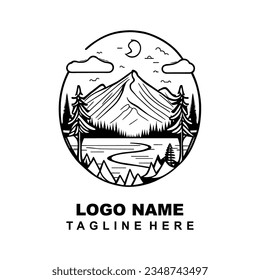 Mountains forest and lake logo illustration. recreation place design concept