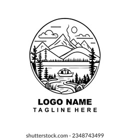 Mountains forest and lake logo illustration. recreation place design concept
