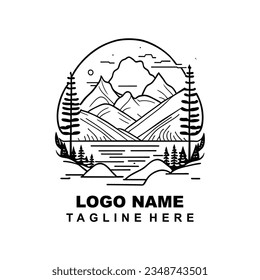 Mountains forest and lake logo illustration. recreation place design concept