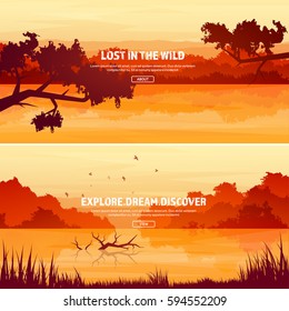 Mountains with forest and lake, river. Trees. Horizon line. Vector landscape.Panorama. Travel and adventure.Nature.Wood. Wildlife. Pine tree.