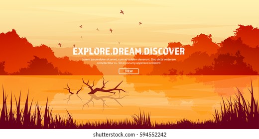 Mountains with forest and lake, river. Trees. Horizon line. Vector landscape.Panorama. Travel and adventure.Nature.Wood. Wildlife. Pine tree.