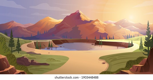 Mountains, forest and lake. Vector landscape illustration. Beautiful panoramic view. Sunset or sunrise mountains. Unbelievable Morning background. Exciting view. Cartoon flat panorama.