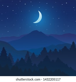 Mountains and forest landscape with beautiful night sky and stars