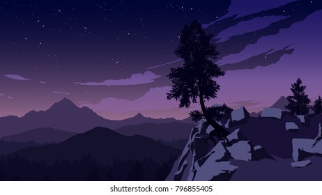 mountains and forest landscape flat color illustration in the morning