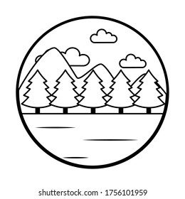 Mountains and forest landscape icon over white background, line style, vector illustration