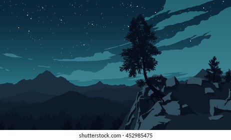 mountains and forest landscape illustration at night time