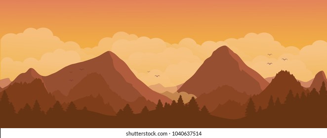 Mountains and forest landscape on sunset. Vector illustration