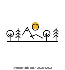 Mountains and Forest  Line art concept. Nature landscape. Outdoor rest, trekking, activity sport.  Vector illustration on white background