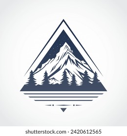 Mountains and forest nature landscape vector illustration. Black and white print design. Triangle logo