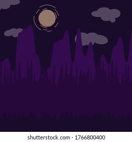 Montañas y Bosques en el paisaje nocturno ilustración plana vectorial. 