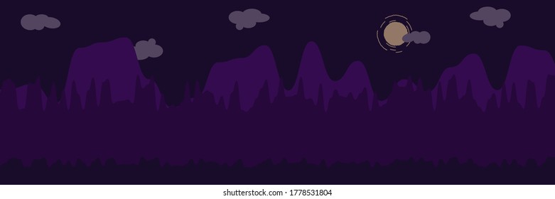 Montañas y Bosques en el paisaje nocturno ilustración plana vectorial. Paisaje natural con árboles y siluetas de picos montañosos en el horizonte. Fondo de la caricatura de escena. Concepto plano. Plantilla de sitio web. diseño de interfaz de usuario.