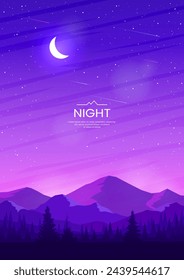 Montañas y bosques en el fondo de un cielo brillante. Puesta de sol en colores rosa y púrpura. Luna y estrellas. Paisaje nocturno. Diseño para póster, fondo, cubierta, tarjeta, flyer. Ilustración vectorial.