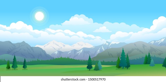 Mountains and forest panorama, sunny day and sky with clouds, beautiful landscape, nature and travel, vector illustration