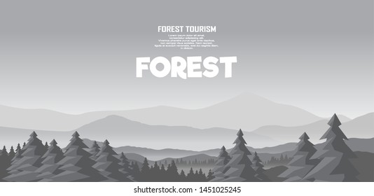 Mountains and forest panorama vector landscape illustration. Mountaineering and Traveling