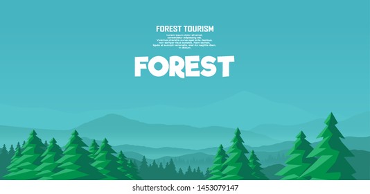 Mountains and forest panorama vector landscape illustration. Mountaineering and Traveling