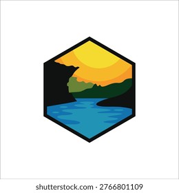 mountains, forest and river logo symbol vector template illustration