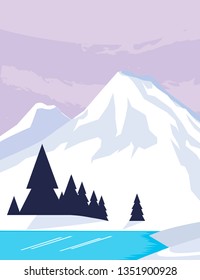 mountains with forest and river snowscape scene