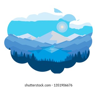 mountains with forest and river snowscape scene
