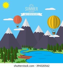 Mountains with forest and river trail landscape flat vector illustration, for camping and hiking, Extreme sports, rafting and hot air balloons outdoor adventure, with recreation place, tents and fire.