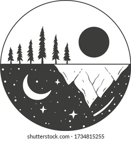 Las montañas, el bosque, el cielo, el sol y la luna son naturaleza inscrita en un círculo. Patrón de cambio día y noche. Imagen vectorial en blanco y negro.