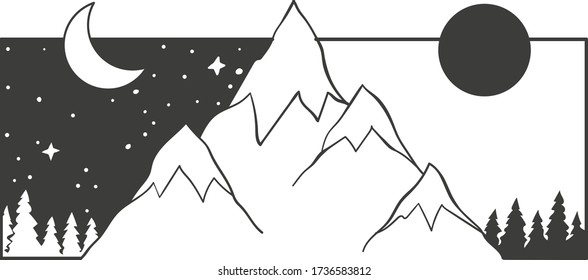 Mountains, forest, sky, sun and moon are nature inscribed in a rectangle. Day and night change pattern. Black and white vector picture.