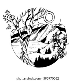 the mountains in the forest 
spring morning
vector art