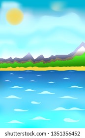 Mountains, forest and a strip of beach against the blue sea and the sunny sky. Vector landscape