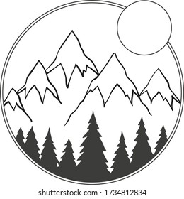 Mountains, forest and sun - nature, inscribed in a circle. Black and white vector sketch.