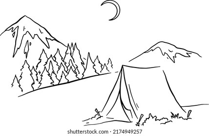 Mountains, forest, tent, moon, hand draw line vector illustration.