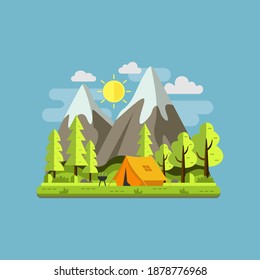 the mountains or forest with a tent. Weekend. Camping. Vector flat illustration