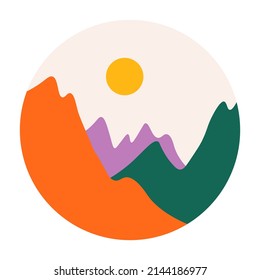 Mountains and forest, tranquil scenery of nature. Landscape with sunshine and sunset, meadows and countryside rural area. Scenic and idyllic view. Hills and peaks with tees. Vector in flat style