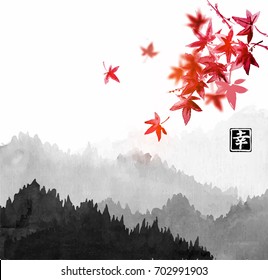 Mountains with forest trees in fog and red japanese maple leaves. Contains hieroglyph - happiness.Traditional oriental ink painting sumi-e, u-sin, go-hua.