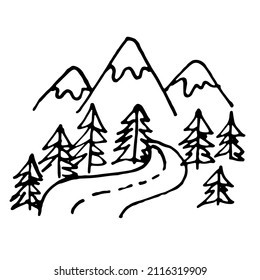 Mountains and forest. Vector illustration. hand drawn