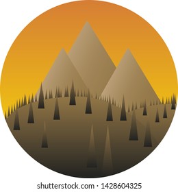 Mountains in the forest. Vector illustration. Sunset. Can be used as logo