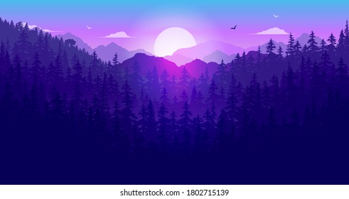 Mountains and forest vector illustration. View over trees and landscape to mountain range with sunset and beautiful light.