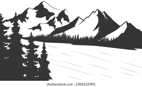 Mountains and forest. Vector island landscape illustration. Elements are layered separately in vector file.