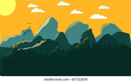 Mountains and forest. Vector island landscape illustration