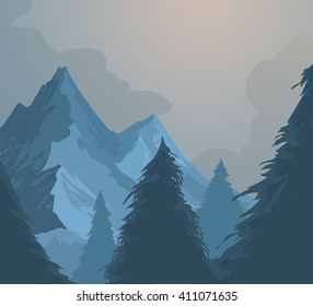 Mountains and forest vector nature landscape background