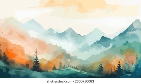 Mountains and forest watercolor background. Vector illustration 