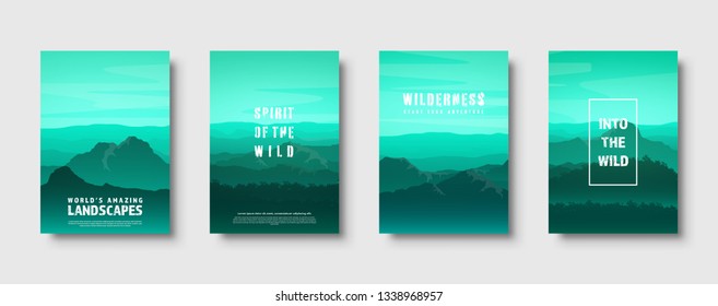 Mountains and forest. Wild nature landscape. Travel and adventure.Panorama. Into the woods. Horizon line.Trees,fog. Vector illustration.