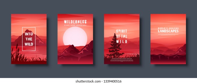 Mountains and forest. Wild nature landscape. Travel and adventure.Panorama. Into the woods. Horizon line.Trees,fog. Vector illustration.